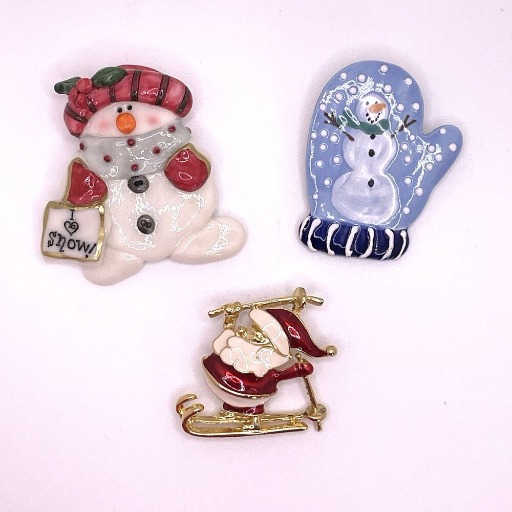 Christmas Brooches Pins Set of 3 Snowmen Santa Red White Blue Enamel Clay Resin